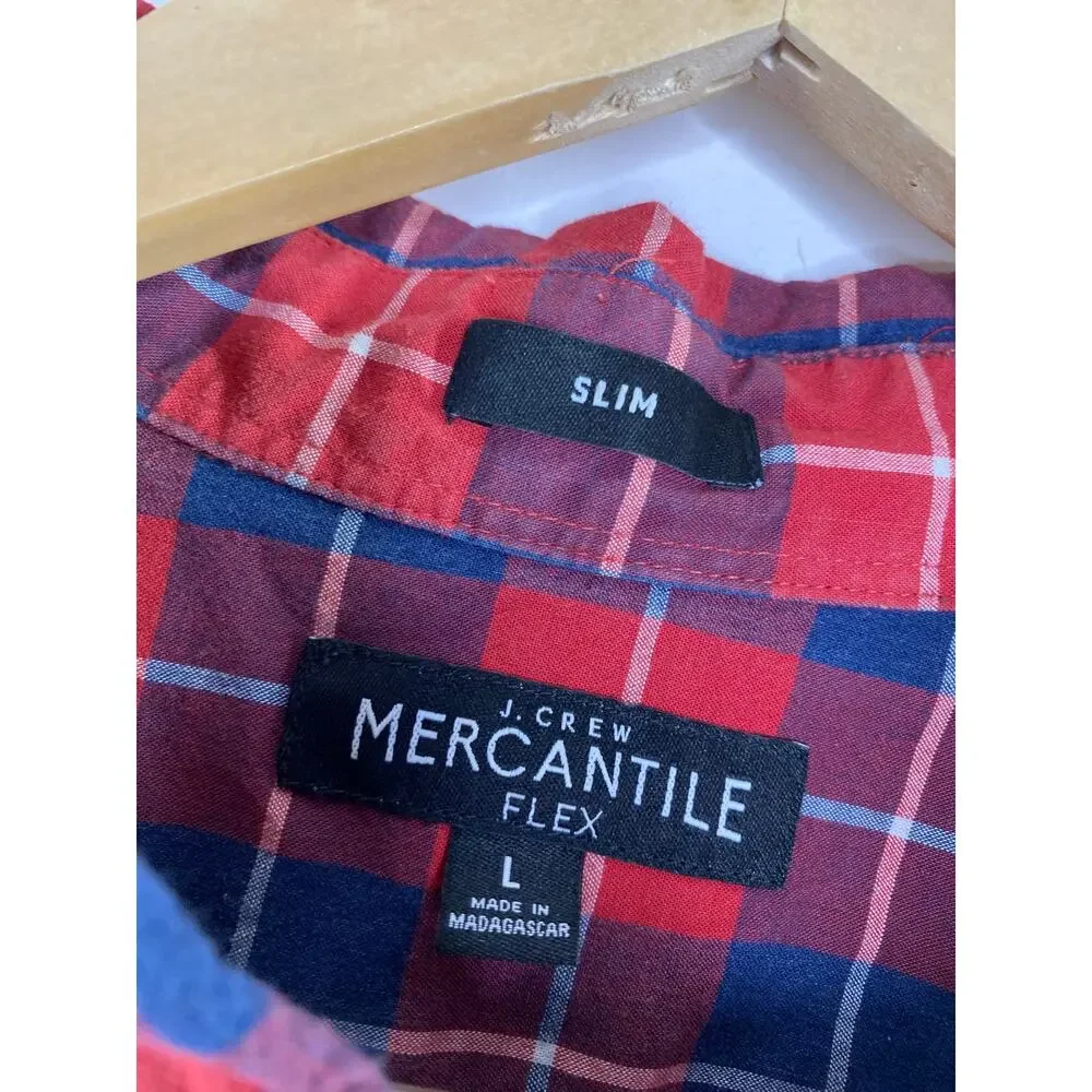 J.Crew Mercantile Flex Mens Plaid‎ Button Front Shirt Size L Slim Fit Red Blue